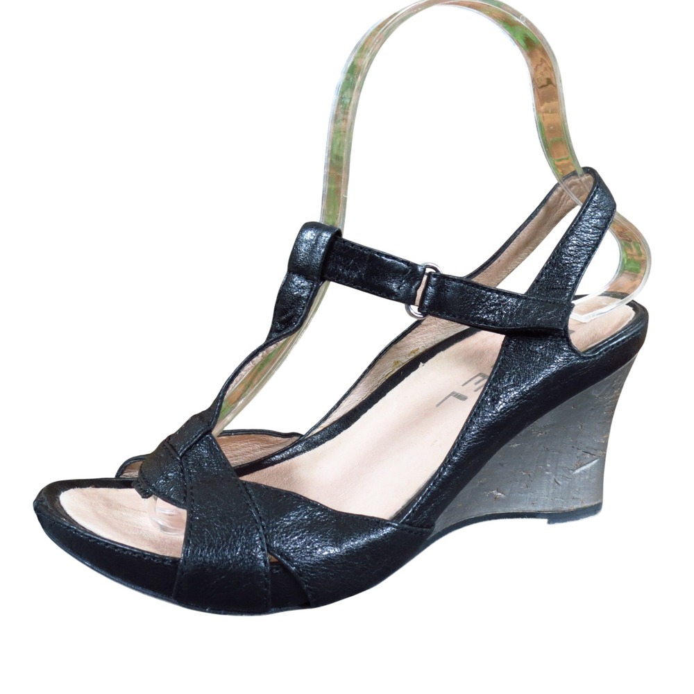 Biviel Women‎ Wedge Sandal Size 36 Casual Dress T-Strap Black Leather Shoes